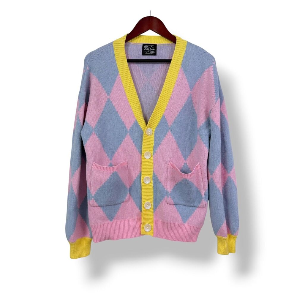 Steady Hands Howls Moving Castle Cardigan Oversized XS Pink Blue Argyle Sweater